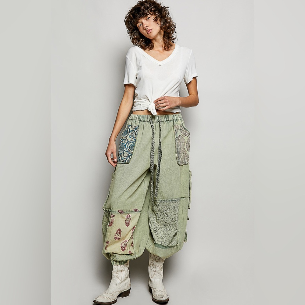 POL Boho Patchwork Green Cargo Pants - Picture 2 of 5